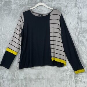 Lisa Bayne Striped Color Block Tunic Top Size S Black Gray Stretch Long Sleeve